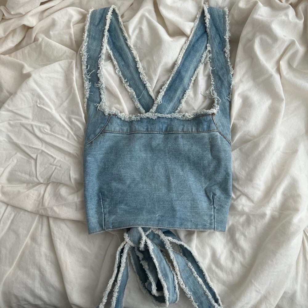 Denim Square Neck Backless Cross Top